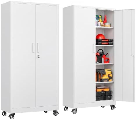 SISESOL 75" Tall White Metal Storage Cabinet with Wheels and Shelves - Image 4