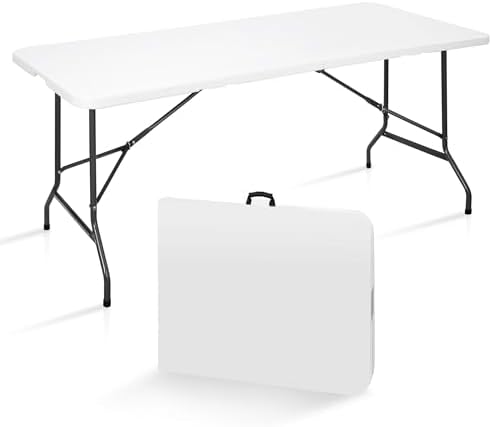 SUPER DEAL 6FT Folding Table for Indoor Outdoor, Portable Heavy Duty Fold-in-Half Plastic Dining Picnic Party Camping Table with Carrying Handle by Superdeal