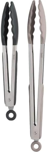 Tovolo Stainless Steel Tongs with Silicone Tip Set 9" 12" with Easy Lock Mechanism for Grilling Air Fryer Cooking Serving Salad, Heat Resistant Silicone Tipped Kitchen Tongs Warm Gray Charcoal Gray by Tovolo
