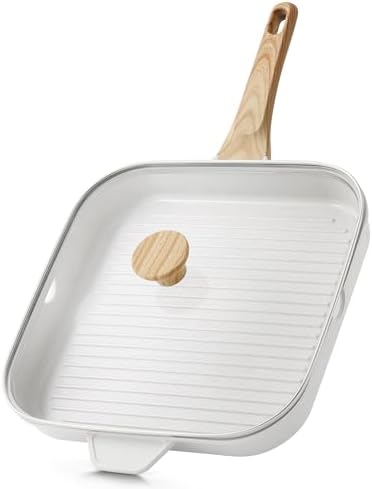 SENSARTE Nonstick Ceramic Grill Pan with Lid, Grill Pan for Stove Tops, Square Grilling Pan with Pour Spouts, Durable Grill Skillet for All Stoves, Steak Bacon Pan, Non Toxic PTFE,PFAS,PFOA Free by SENSARTE