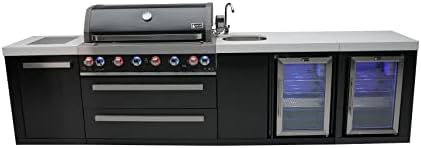 Mont Alpi 132"W x 23"D x 46"H Black Stainless Steel Modular Outdoor Kitchen Island + 2 Refrigerators + Beverage Center Faucet & Sink + 44"W 6-Burner BBQ Grill + Granite Countertops + Storage + Cover by MontAlpi