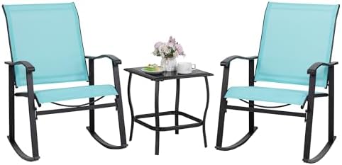 Shintenchi 3 Piece Rocking Bistro Set, Outdoor Furniture with Rocker Chairs and Glass Coffee Table Set of 3, Balcony, Porch Furniture for Small Space, Blue by Shintenchi%7CFurnitureMadeforRealLife