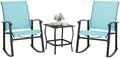 Shintenchi 3 Piece Rocking Bistro Set, Outdoor Furniture with Rocker Chairs and Glass Coffee Table Set of 3, Balcony, Porch Furniture for Small Space, Blue by Shintenchi%7CFurnitureMadeforRealLife