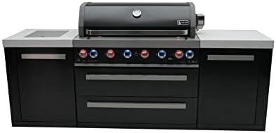 Mont Alpi Black Stainless Steel 94"W x 23"D x 46"H Modular Outdoor Kitchen Island with Infrared Side Burner+ 44"W 6-Burner BBQ Gas Grill + Granite Countertops + Rotisserie + Chopping Board + Cover by MontAlpi