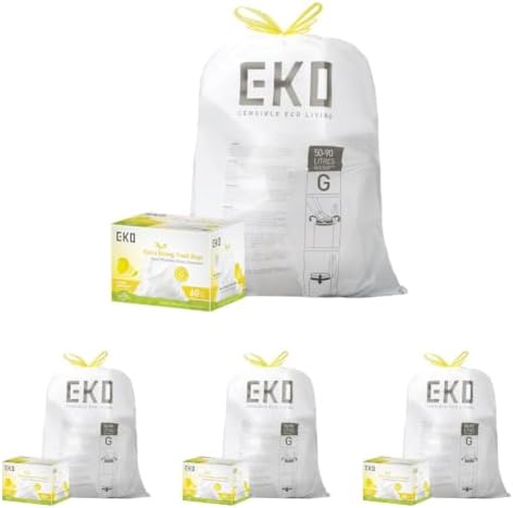 EKO 21 Gallon / 50-90 Liter, Drawstring TrashBags,Extra-Strong Garbage Bags,Lemon Zest Scent-Continuous Odor Control,Easy-Dispense Roll for Kitchen & Household Use, Code G,White, 60 Count (Pack of 4) by Unknown