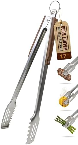17-Inch Grill Tongs, Heavy Duty 304 Stainless Steel BBQ Tongs, Extra-Long Locking Grilling Tongs for Outdoor Grill & Smoker, Walnut Handle, Gift Pouch by Boxikikitchen