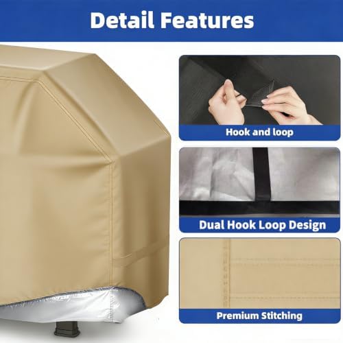 BBQ Gas Grill Cover for Outdoor, Anti-UV, Rip-Proof, 600D Oxford Fade Resistant Material, Barbecue Cover with Hook and Loop Straps & Adjustable Hem Drawstring (Beige, 40”x24”x50”) - Image 4