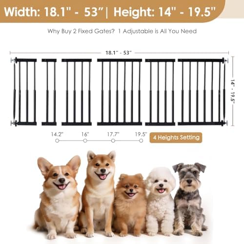 14''-19.5'' Height Adjustable Dog Gate, Extra Wide 18.1"-53" All Metal Short Dog Gate to Step Over, Pressure Mount Small Pet Puppy Gate for Stairs & Doorways(Black) - Image 4