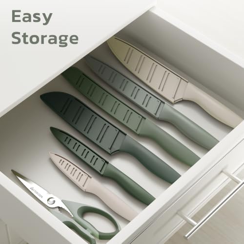 Astercook Knife Set, 13 Pieces Kitchen Knives Set with Healthy Anti-Rust Coating, Dishwasher Safe, Stainless Steel Chef Knife Sets with 6 Blade Guards, Perfect Holiday Gifts for Kitchen Green - Image 7