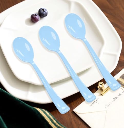 SietDESEO 25 PCS Light Blue Plastic Spoons Disposable Utensils Heavy Duty Baby Blue Spoons Disposable Cutlery for Birthday Wedding Baby Shower Bridal Shower Plastic Silverware - Image 5