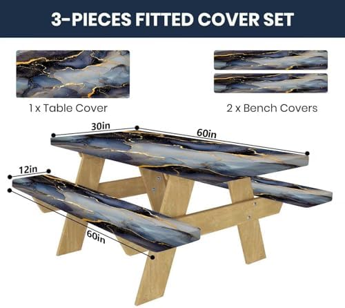 CAPSCEOLL Picnic Table Cover with Bench Covers 5ft - Black Blue Marble - Image 2