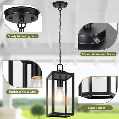 BesLowe Dusk to Dawn Outdoor Pendant Light for Porch Gazebo, Black - Image 7