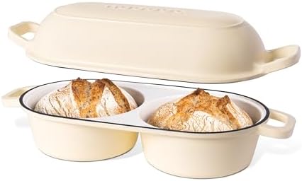 Dutch Oven For Sourdough Bread Baking – Enamelled Cast Iron Bread Loaf Pot – 500°F Oven Safe Non Stick Bread Pot – Double Round Loaf Space, 16.5cm Diameter, Cream, – by Nuovva by Nuovva