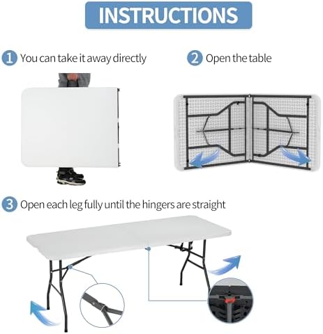 HKLGorg 6ft Folding Table, White Plastic Foldable Party Dining Table - Image 4