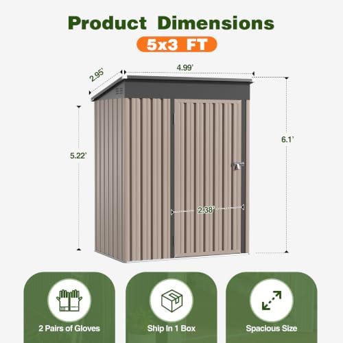 5 x 3 FT Outdoor Storage Shed, Waterproof Metal Garden Tool Shed with Sloped Roof, Lockable Door & Air Vents for Backyard Patio Lawn, Brown - Image 2