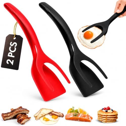 2-in-1 Spatula Tongs Set of 2, Egg Spatula Flipper for Cooking, Easy-Grip Nylon Flipping Spatula for Pancakes, Burgers, Fish and Nonstick Cookware, (Red and Black) by ZonzestBuiltforEveryday