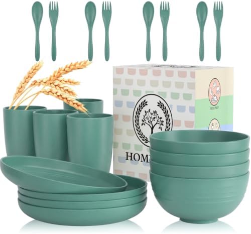 Wheat Straw Dinnerware Sets, Homienly 20pcs Unbreakable Microwave Dishwasher Safe Tableware Lightweight Bowls, Cups, Plates Set Reusable Dinner Plates Bowls set (Green) by HOMIENLY
