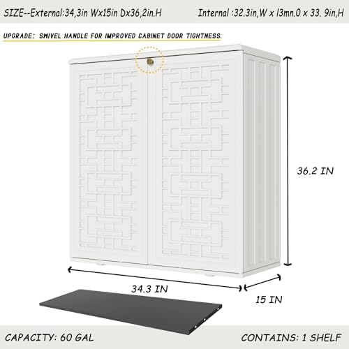 Mrosaa Indoor Outdoor Storage Cabinet Waterproof with Shelf, Off White Plastic Outdoor Cabinets for Patio/Garden/Backyard, Size 34.3''L*15''W*36.2''H - Image 4