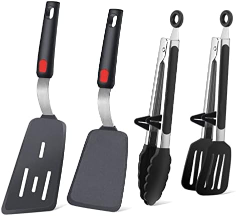 4PCS Flexible Silicone Spatula Turner Set and Kitchen Food Tongs with Silicone Tips, 600F Heat Resistant, Ideal for Flipping Eggs, Fish, Burgers, Pancake and Strong Grip on Salads, Pasta, Steaks, BBQ by Leakind