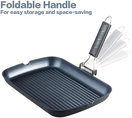 S·KITCHN Grill Pan with Folding Handle, Nonstick Grilling Pan for Stove Tops, Induction Compatible Rectangle KBBQ Pan with Pour Spouts - 13 × 9IN - Image 4