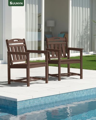 Set of 2 Weatherproof Patio Chairs - HDPE Outdoor Dining Chairs with Wide Seat, Ergonomic Design - for Garden, Backyard, Deck - Brown - Image 2