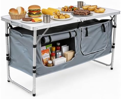 JOUYEK Camping Table, Folding Portable Kitchen Table with Storage Gray by JOUYEK