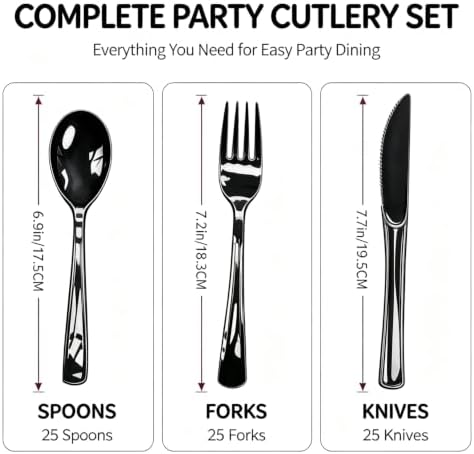 75 Pack Black Heavy Duty Plastic Silverware Set, Disposable Knives, Forks & Spoons, 25 Sets for Birthday, Baby Shower, Camping, Picnic & Party - Image 2