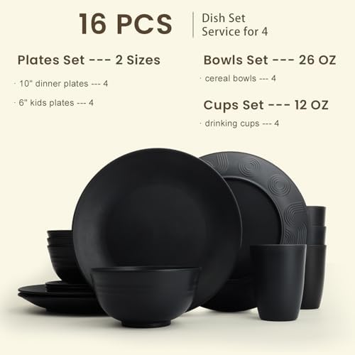 Homienly 16-Piece Wheat Straw Dinnerware Sets, Reusable Unbreakable Plates and Bowls Sets,Cups,Service for 4, Premium Dishwasher and Microwave Safe Dish Sets for Kitchen,Outdoor - Black - Image 2