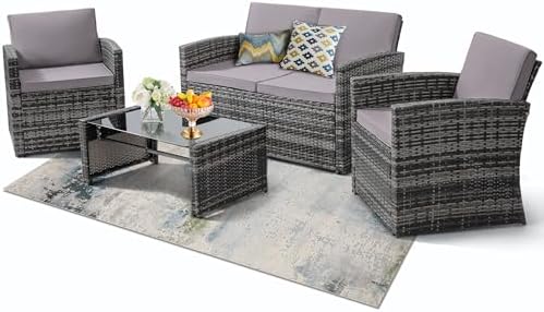 KROFEM 4 Piece Patio Furniture Set, Outdoor Wicker Conversation Set by KROFEM