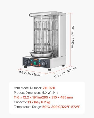 VEVOR Shawarma Grill Machine, 122°F-572°F, 13lbs Capacity, Chicken Shawarma Cooker Machine with 2 Burners, Stainless Steel, Electric Vertical Broiler Gyro Rotisserie Oven for Home and Commercial Use - Image 7