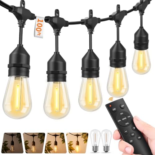 Hotsonic Remote Control Outdoor String Lights Waterproof, 100FT LED Outside Lights with Shatterproof Bulbs, Dimmable Hanging S14 Lights 3 Modes for Patio Porch Garden Pergola Yard House Party Decors by Hotsonic