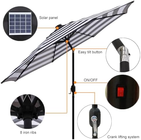 Blissun 9 ft Solar Umbrella 32 LED Lighted Patio Umbrella Table Market Umbrella with Tilt and Crank Outdoor Umbrella for Garden, Deck, Backyard, Pool and Beach (Black and White) - Image 2