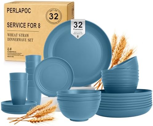 Wheat Straw Dinnerware Sets, 32 PCS Dishes Set for 8, Unbreakable Lightweight Reusable Plates and Bowls Sets for Kitchen Outdoors RV Camping Patio, Dishwasher & Microwave Safe - Blue by Perlapoc