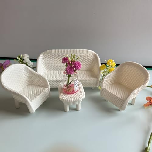 4 Pack Miniature White Wicker Tea Table and Chair Set, Dollhouse Furniture Decor for Bedroom, Handcrafted Miniature Furniture by Unknown