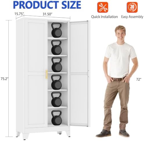 GAIOUS 75''Tall Metal Garage Storage Cabinet,File Cabinet with Door and Adjustable Shelves, Outdoor Steel Tool Cabinet for Home,Office,Warehouse,Garage,White - Image 2