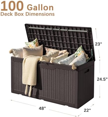 Devoko 97 Gallon Deck Box, Waterproof Resin Outdoor Storage Box for Outside and Patio, Large Outdoor Storage Bench Cabinet Lockable for Patio Furniture, Garden Tools and Pool Supplies (Deep Brown) - Image 3