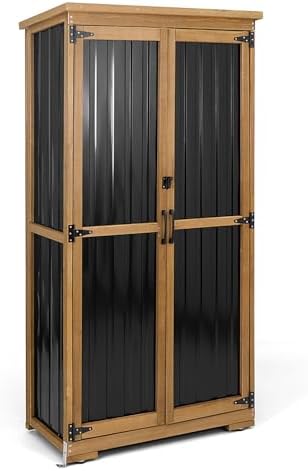 Outdoor Storage Cabinet, Wood & Metal Storage Shed with Weather-Resistant Roof, Removable Shelves, Lockable Doors, Outside Storage Tool Organizer for Garden, Patio, Backyard, Garage, Pool by PETSCOSSET
