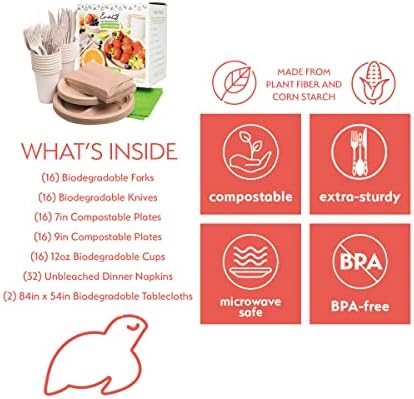 Eco-friendly Camping Supplies [16 Dinnerware Set] for Picnic Basket & Party Supplies. Compostable Paper Plates, Napkins, Biodegradable Utensils, Cups, Green Tablecloths, by Earth's Natural Alternative - Image 2