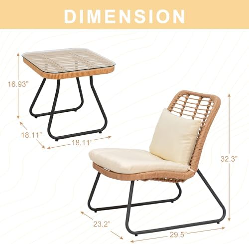 Tappio 3 Piece Outdoor Wicker Furniture Patio Bistro Set, Balcony Furniture Rattan Conversation Sets with Cushions, Wicker Patio Chairs Patio Furniture Set for Outdoor Poolside Garden - Image 5