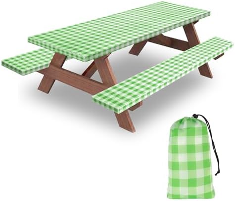 6ft 72" Picnic Table and Bench Cover, 3 Pack, Green-White Checkered by KENOBEE