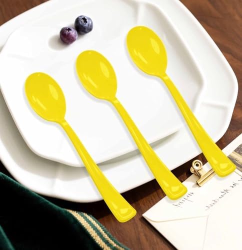 SietDESEO 50 PCS Yellow Plastic Spoons Disposable Utensils Heavy Duty Yellow Spoons Disposable Cutlery for Birthday Wedding Baby Shower Bridal Shower Plastic Silverware - Image 5