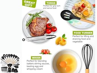 36 pcs Silicone Kitchen Cooking Utensils with Holder, Heat Resistant Cooking Sets Wooden Handle, Nonstick Kitchen Gadgets Tools Include Spatula Spoons Turner Pizza Cutter(Black) for Gift, K Trends - Image 4