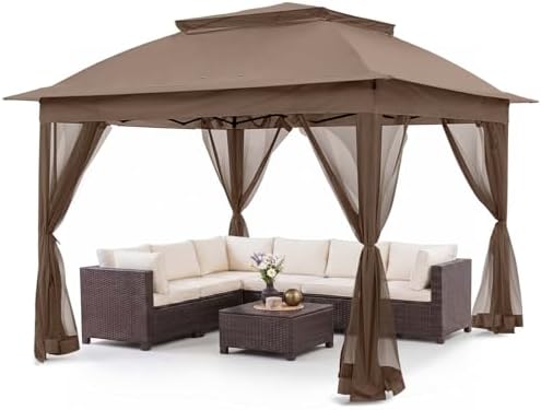 COOS BAY 11x11 Pop Up Gazebo with Netting, Canopy Tent, Brown by COOSBAY