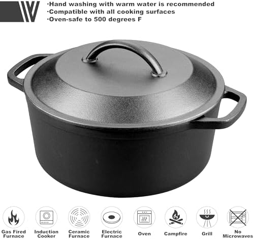VORRINGARD Pre-Seasoned Cast Iron Dutch Oven with Lid, Round and Dual Handles, for Stovetop, Camping, Grill, Induction, Electric, Black, 3 qt - Image 3