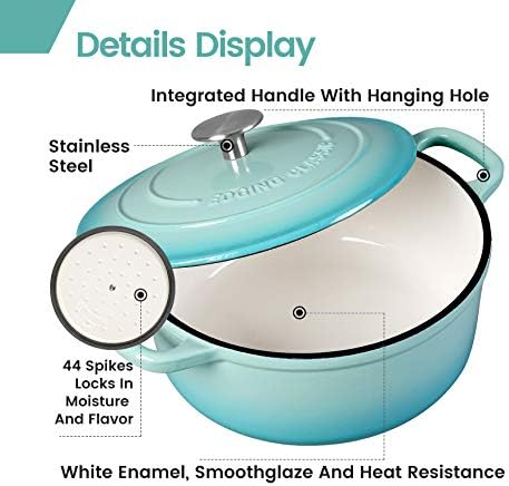 EDGING CASTING Enameled Cast Iron Covered 5.5 Quart Dutch Oven with Dual Handle for Bread Baking, Dutch Ovens with Lid, Peacock Blue - Image 4