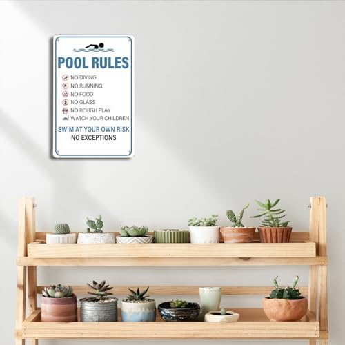 BEASTZHENG Pool Rules Sign Warning Swim At Your Own Risk Retro Metal Tin Sign for Swimming Pool Water Park Beach Decor for Outdoor 8x12 Inches - Image 6
