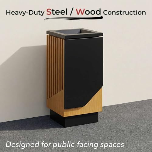 5/Pack 13 Gallon Square Outdoor Trash Can - Decorative Steel and Wood Composite Commercial Waste Receptacle with Hinged Lid and Galvanized Steel Liner for Hotels, Retail Stores, and Entryways - Image 3