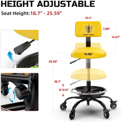 Rolling Shop Stool with Wheels, Garage Stool Chair, Yellow - Image 2