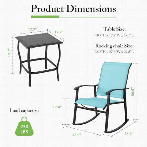 Shintenchi 3 Piece Rocking Bistro Set, Outdoor Furniture with Rocker Chairs and Glass Coffee Table Set of 3, Balcony, Porch Furniture for Small Space, Blue - Image 6