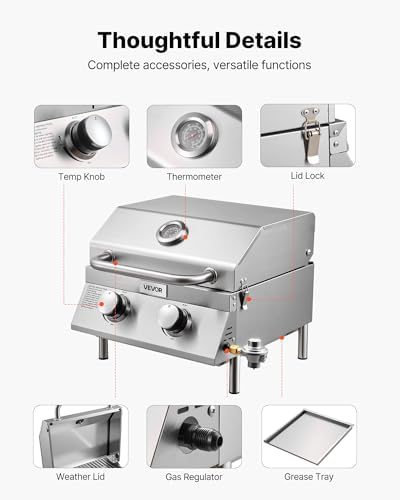 VEVOR Tabletop Gas Grill, 2-Burner Stainless Steel Portable Propane Grill, with Built-in Thermometer, Travel Locks, Weatherproof Lid, 15,000 BTU Total, for Outdoor Cooking, Patio, Party, Camping, RV - Image 5